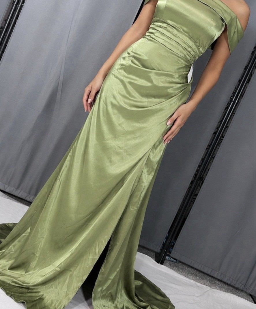 Green Satin Asymmetric Off-shoulder Prom Gown L Corset Cocktail Evening Dress #J