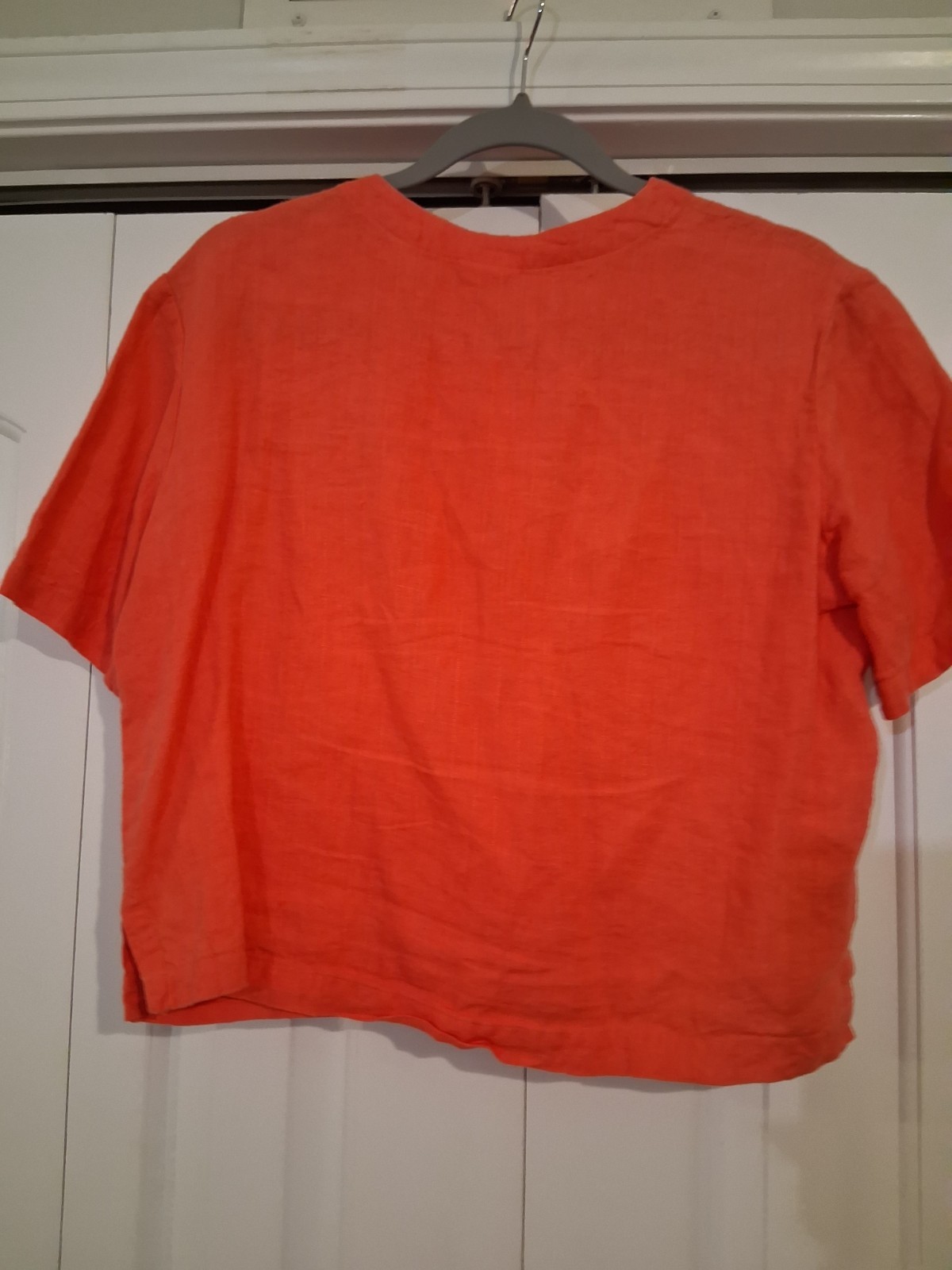 Eileen Fisher Orange Linen Woven Button Front Short Sleeve V-Neck Blouse S