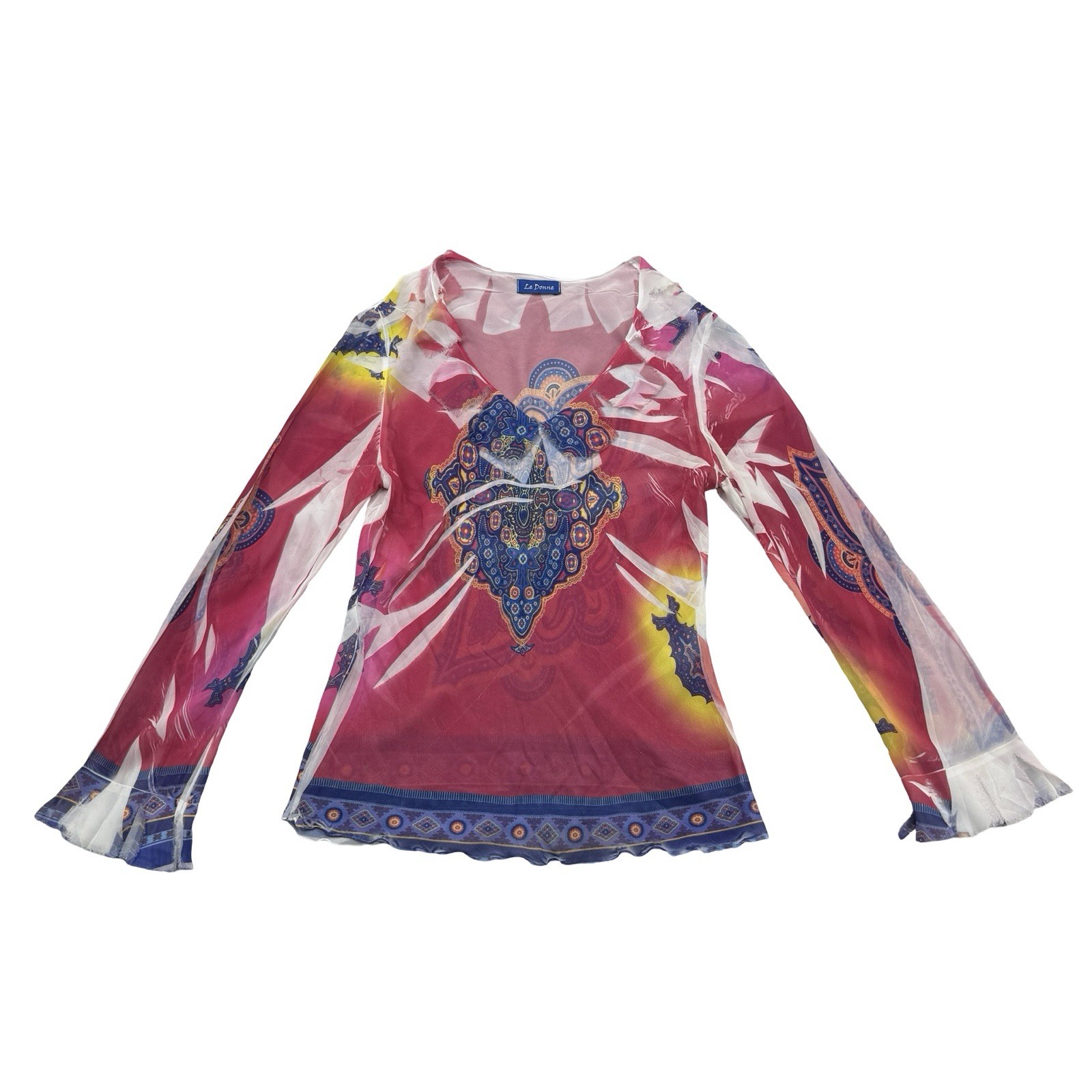Vintage Y2K Shirt Womens Small S Pink Blue Geometric Ruffle Le Donne Long Sleeve