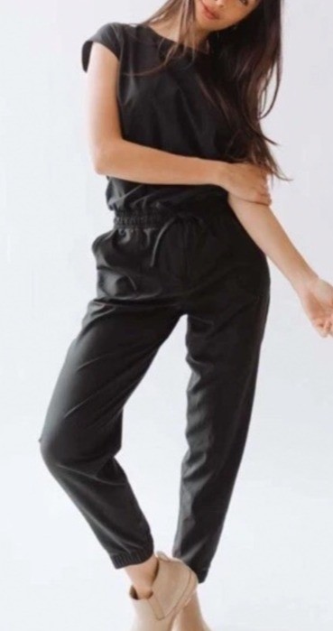 Albion Black Small Tall Jumpsuit Drawstring Waist Pockets 90% Nylon/10% Spandex