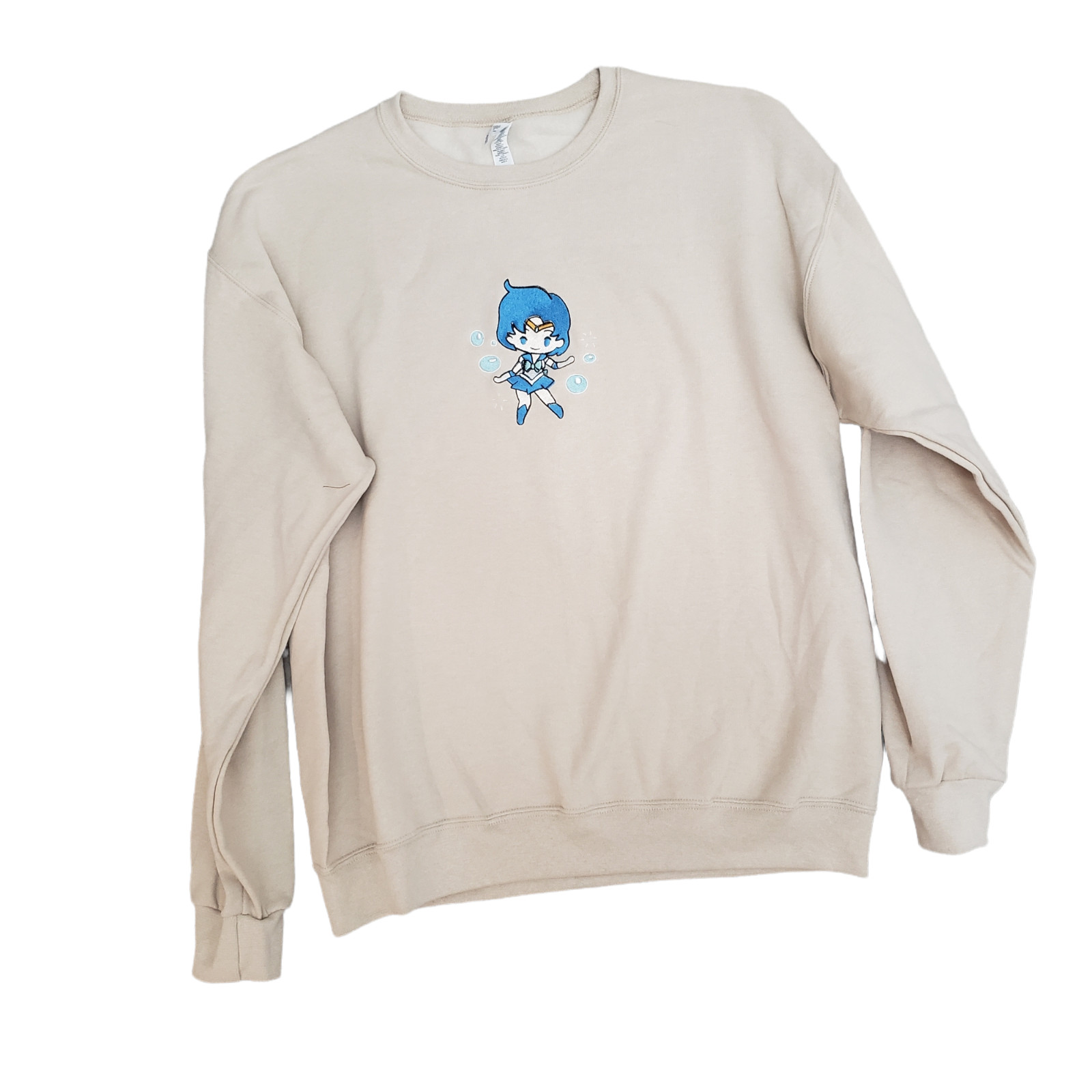 Sailor Mercury Embroidered Crewneck Sweater Beige Size L Kawaii Anime Crystal