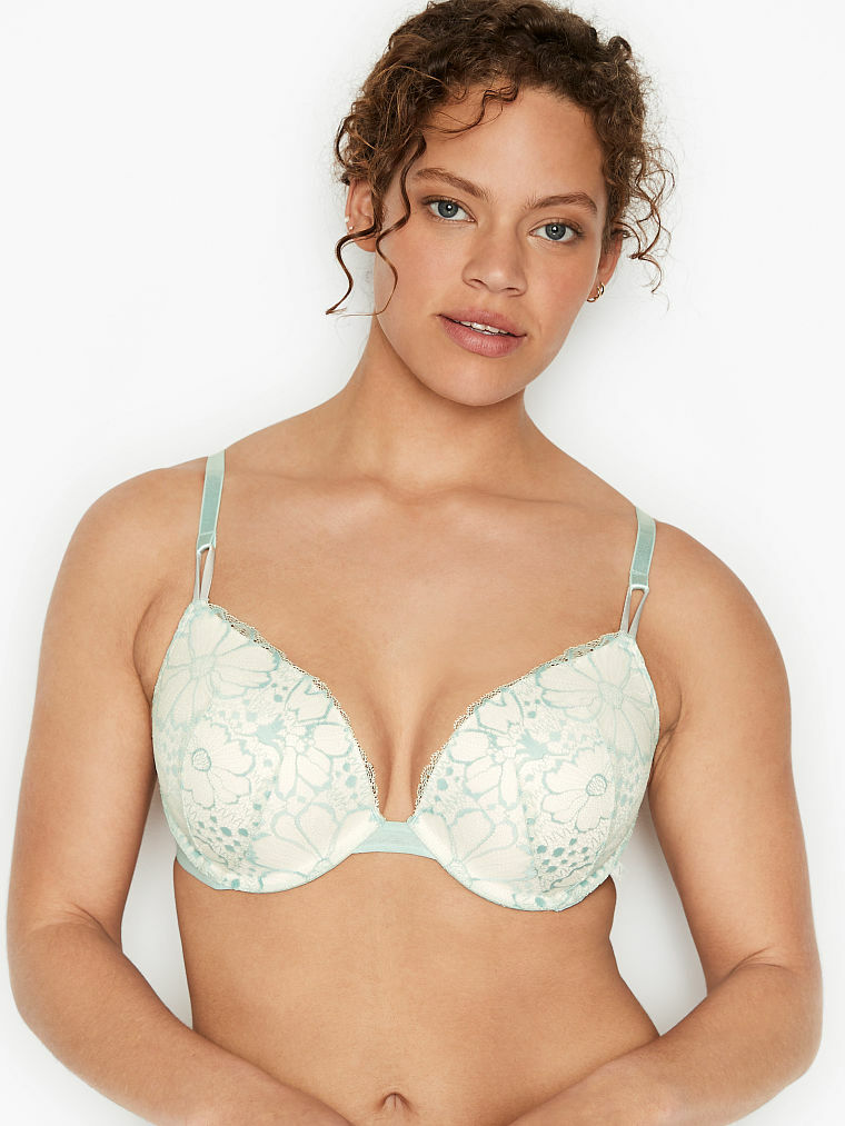 38C Aqua White LACE Mesh Wings Extreme Lift Victorias Secret Plunge PU UW Bra