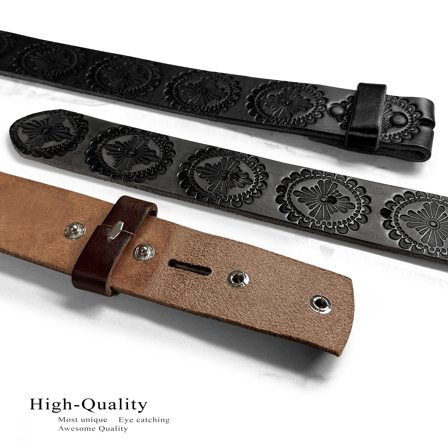 Floral Engraved One Piece Genuine Full Grain Leather Belt Strap 1-1/2″ Wide