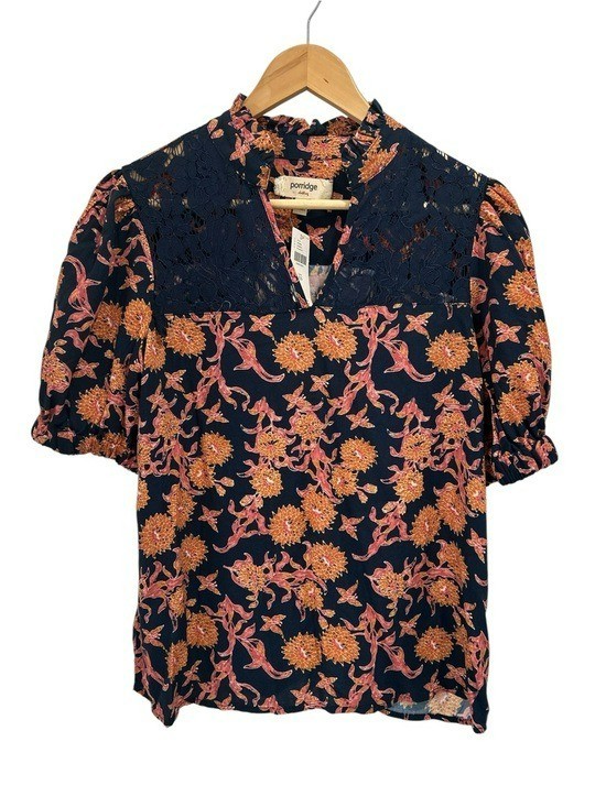 Anthropologie Porridge Navy Floral Lace Puff Sleeve Popover Blouse – XS