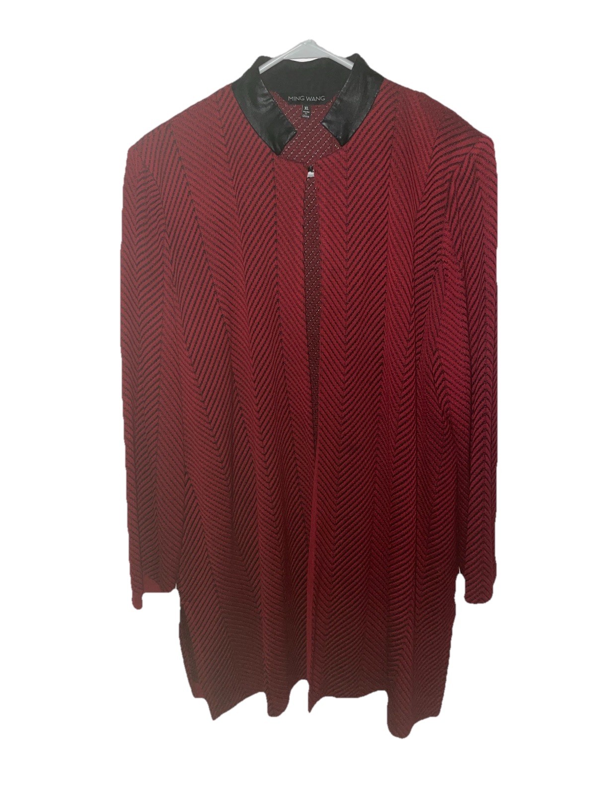 Ming Wang Herringbone Knit Knee Length Cardigan Jacket Red Black Women’s XL