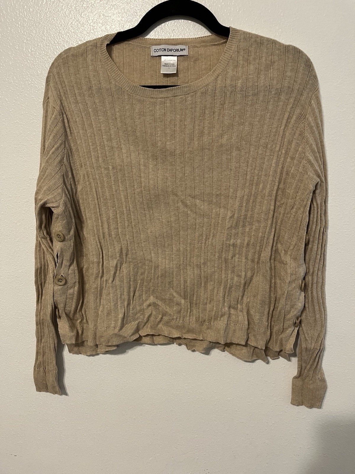 Cotton Emporium Womens Beige Ribbed Knit Crewneck Long Sleeve Sweater L
