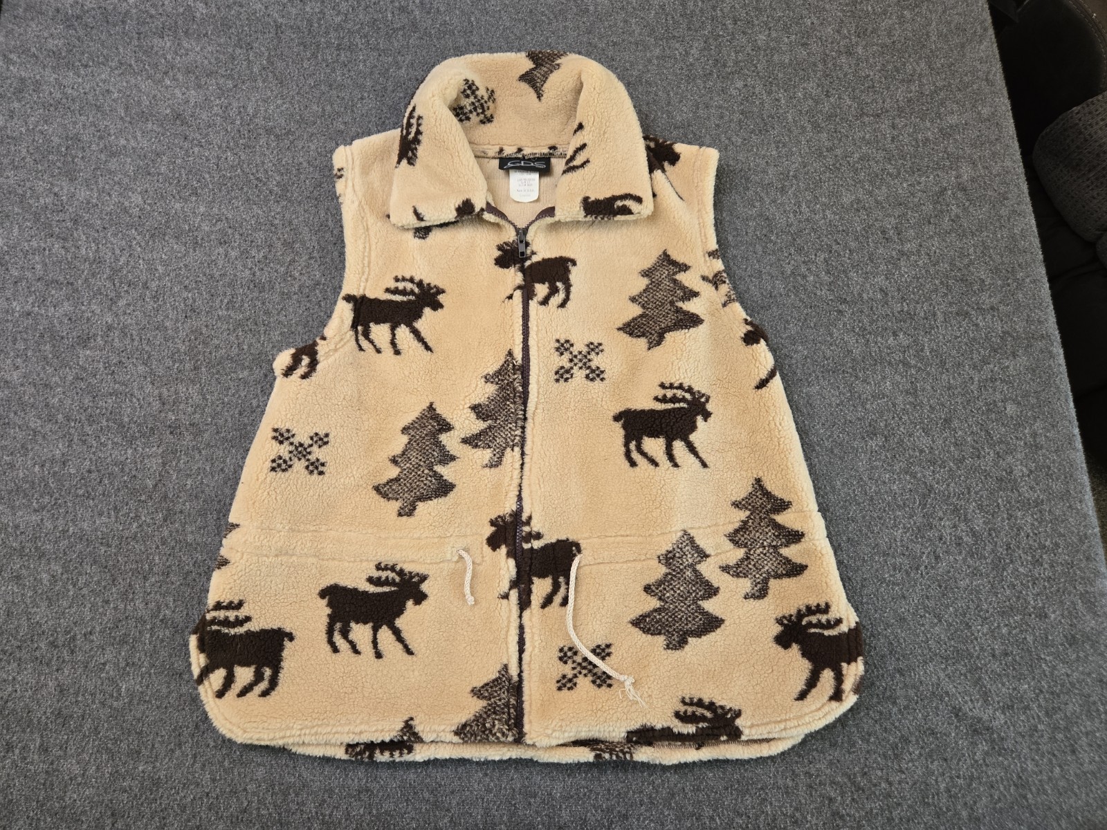 CDS Vtg 90s Cabincore Full Zip Sherpa Fleece Vest Womans Sz Lg Brown Moose Trees