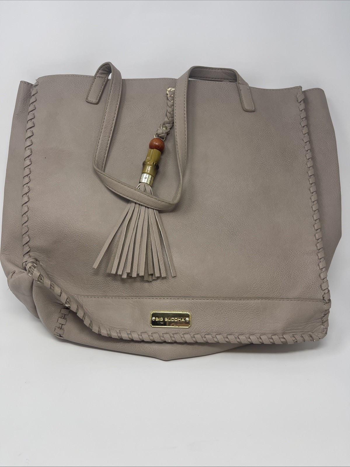 Big Buddha Tote Bag Purse Handbag Beige Tassel Large WhipStitch Boho