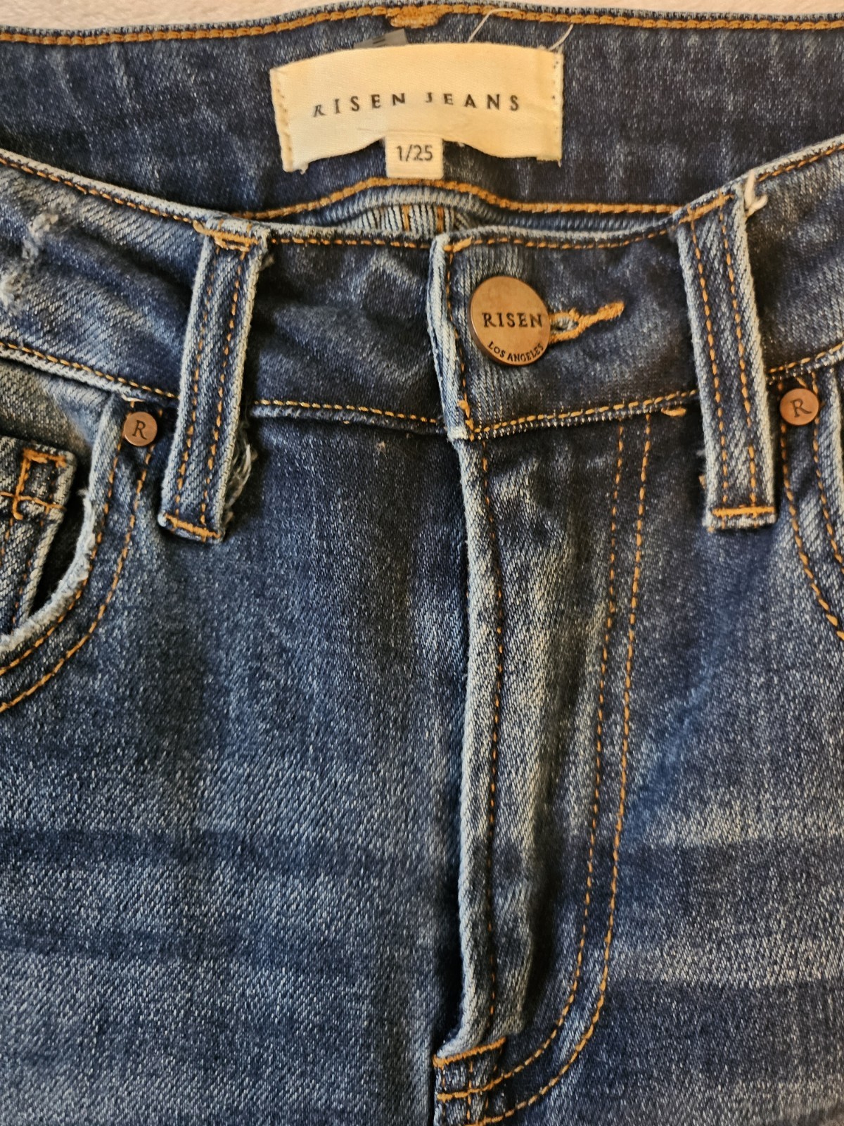 Risen Los Angeles High Rise Cropped Flare Jeans Distressed Raw Hem Size 1 25