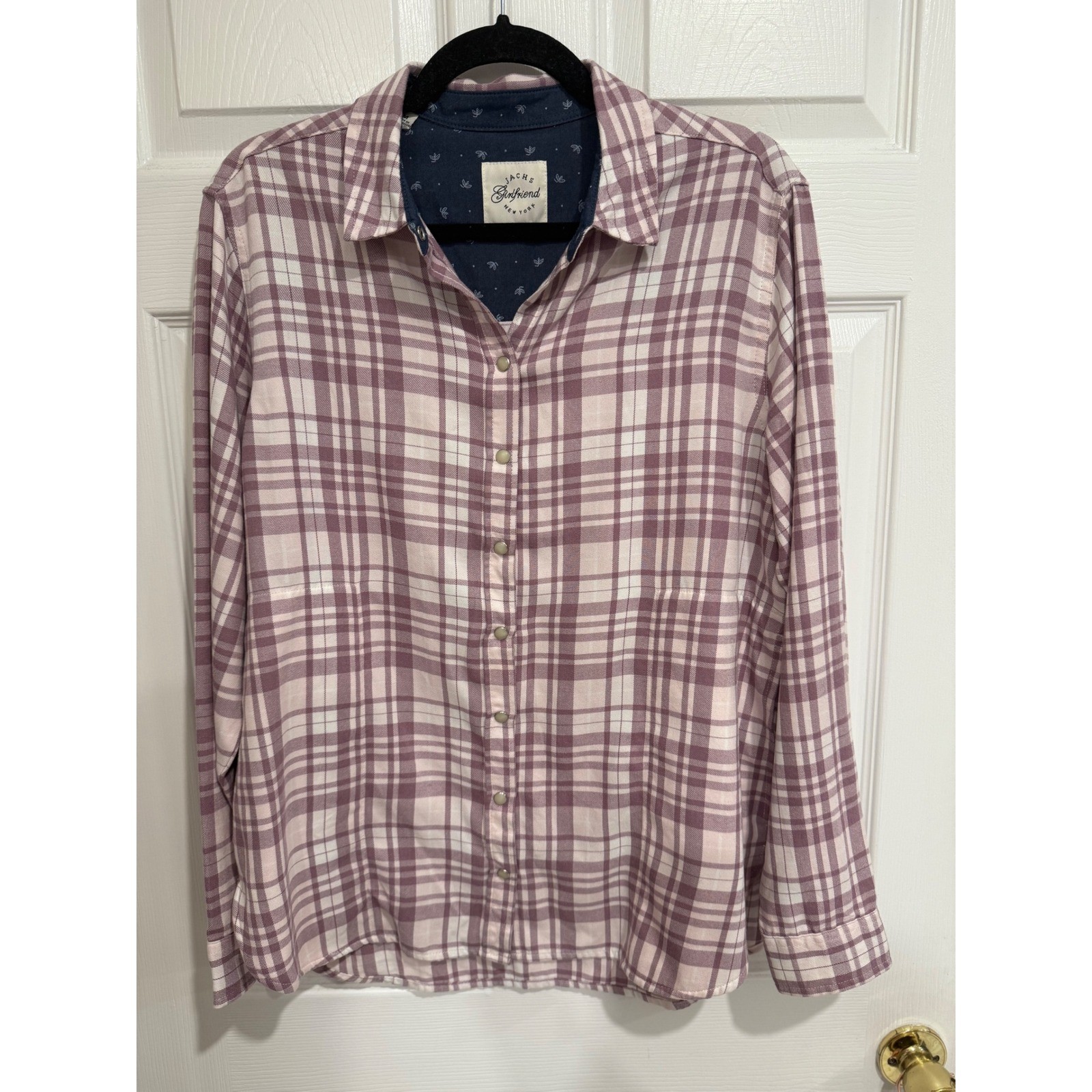 Jachs Girlfriend Purple Plaid Flannel Button Down Shirt Fleece Lined Pockets M