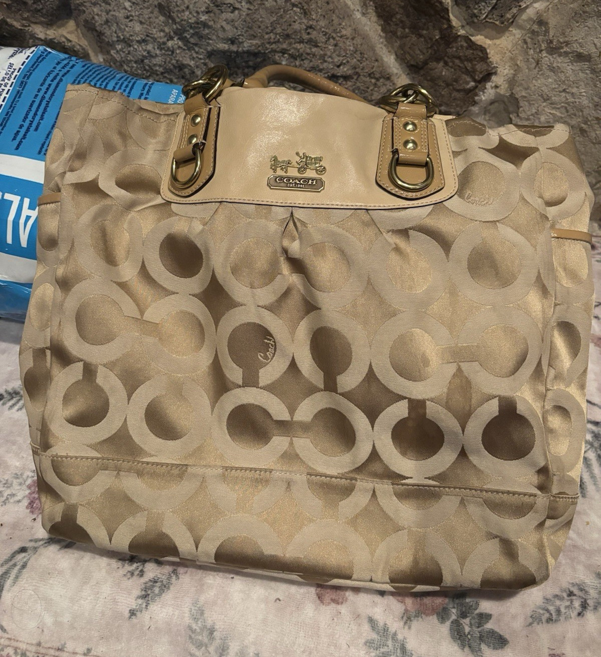 Coach Signature C Beige Medium Satchel/Top Handle Bag, Gold Hardware, Zip