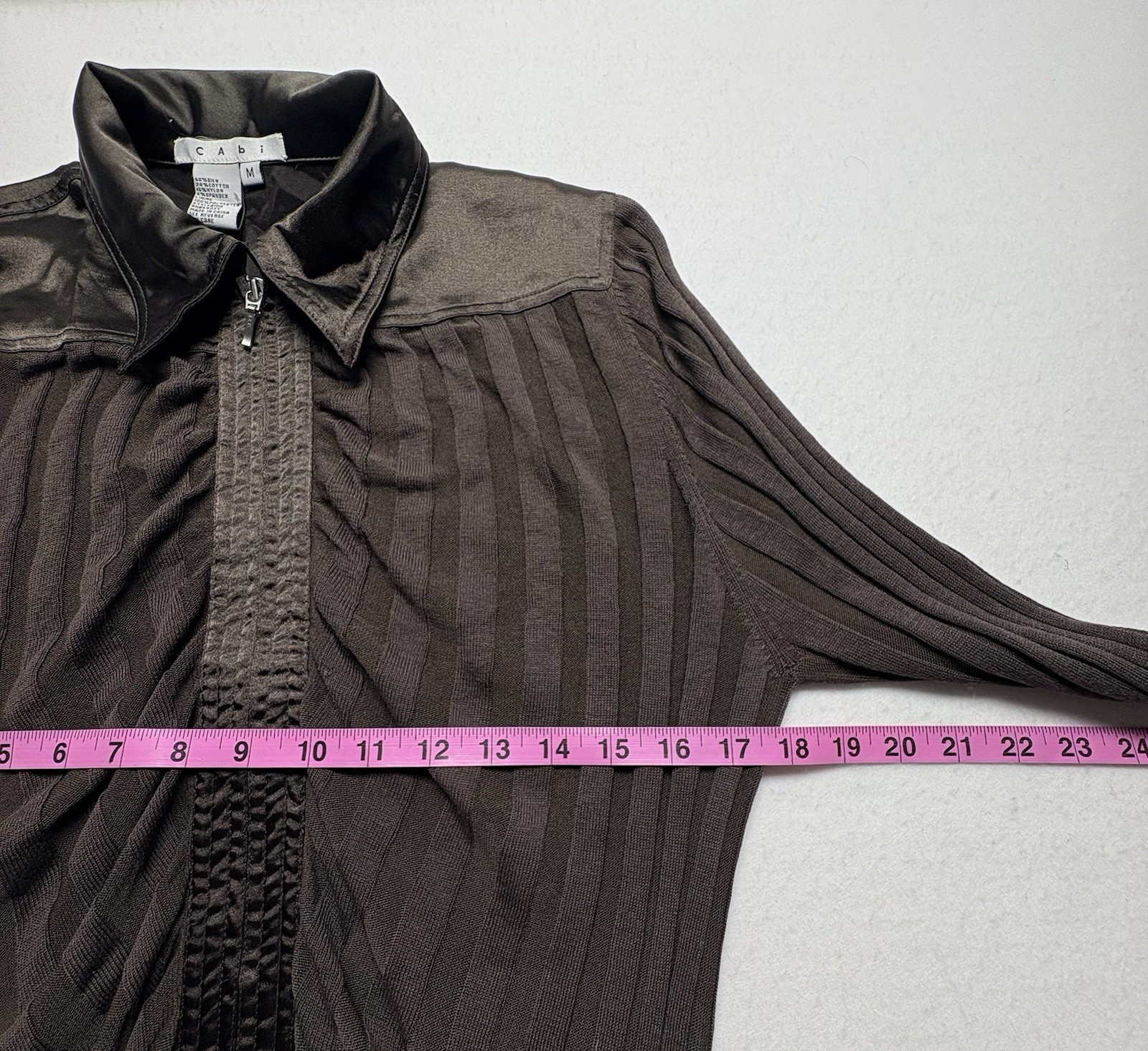CABI Women Navigator Ribbed Silk Blend Slim Full Zip Cardigan Sz M Brown hb-33