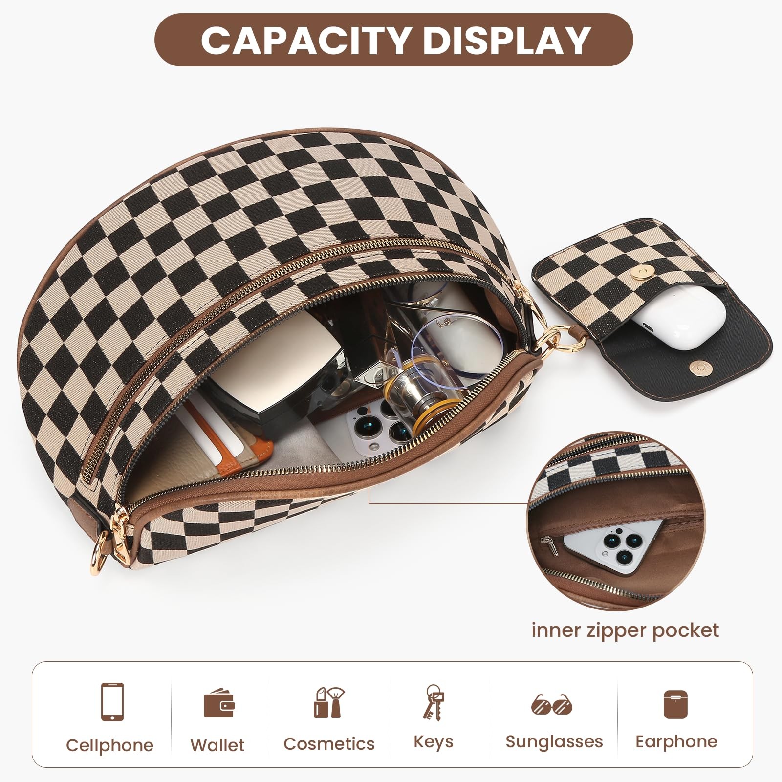 1 PCS A01 Brown Checkered Crossbody Bum Bag Large Fanny Pack Belt Purse