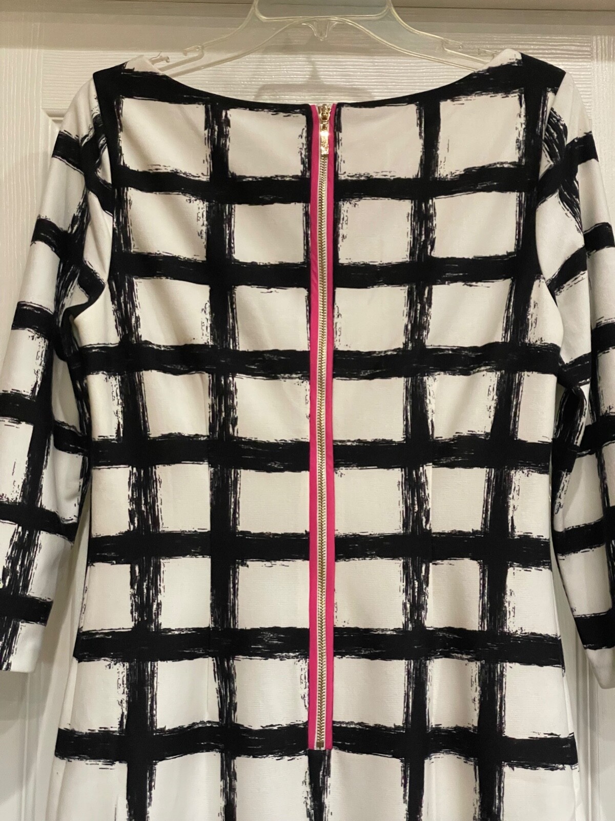ELIZA J Dress-White Polyester Knit Sheath, 3/4 Sleeve, Black Grid, Lined, Size 8