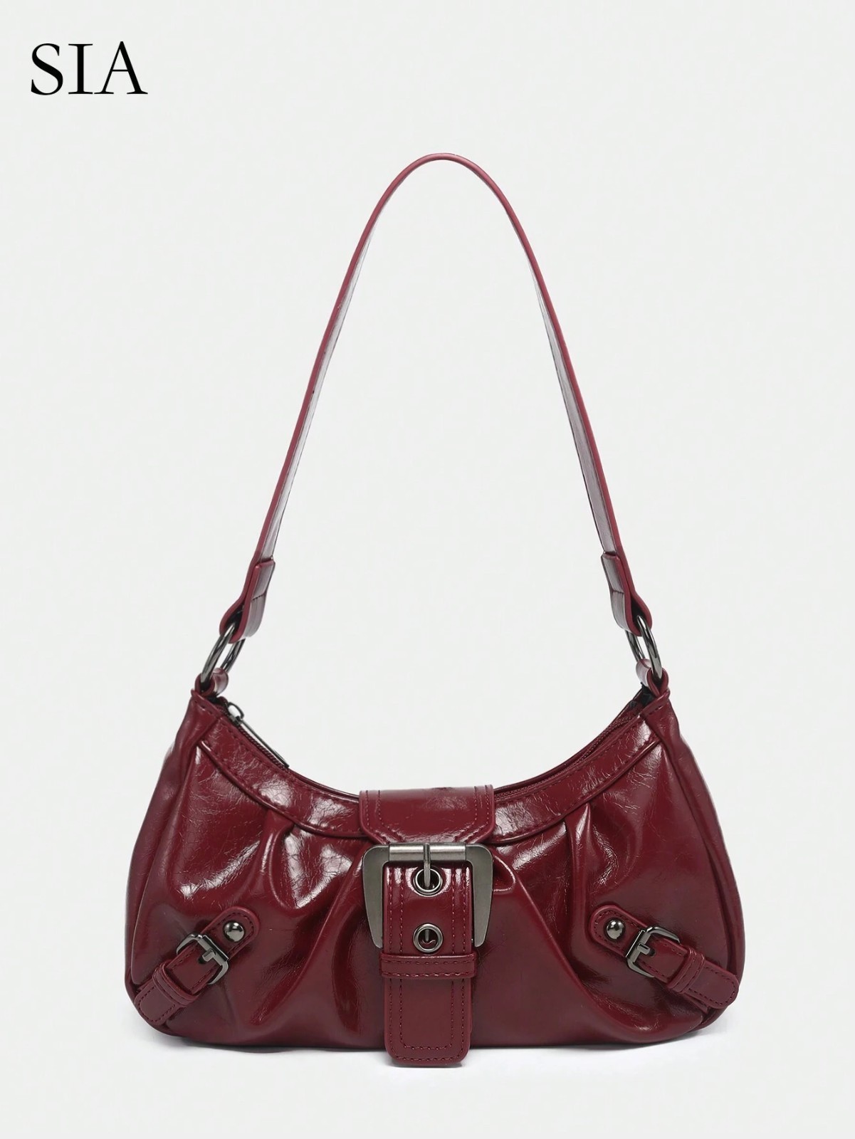 Vintage Burgundy Studded Faux Leather Motorcycle Shoulder Baguette Bag