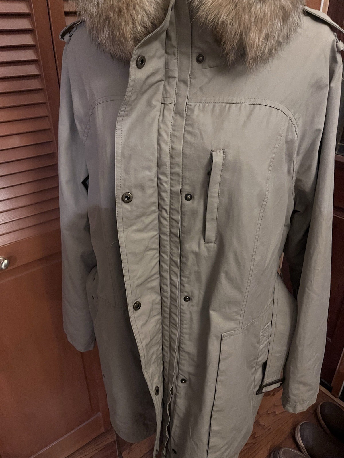 Pendleton Belted Beige Parka Real USA Coyote Fur Hood Quilted Lining Sz Xl