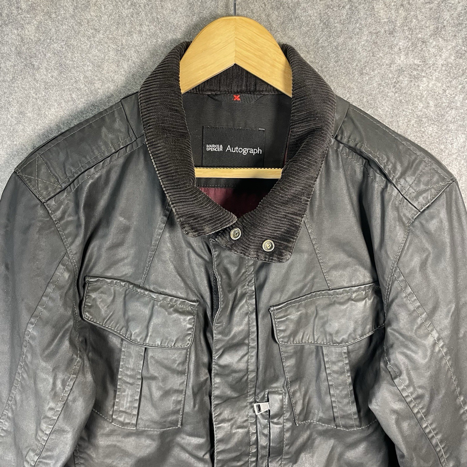 M&S Waxed Jacket Mens Medium Black Carbon Military Colour Padded Lining Outdoor
