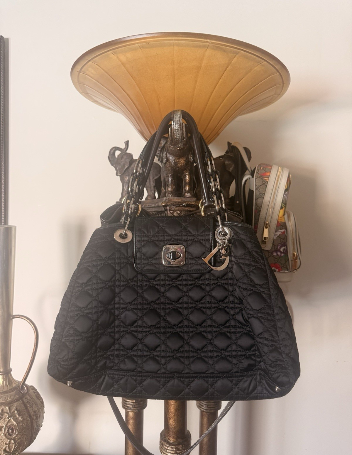Christian Dior Black Quilted Shoulder Bag Turn Lock Zip Silver Hardware Medium