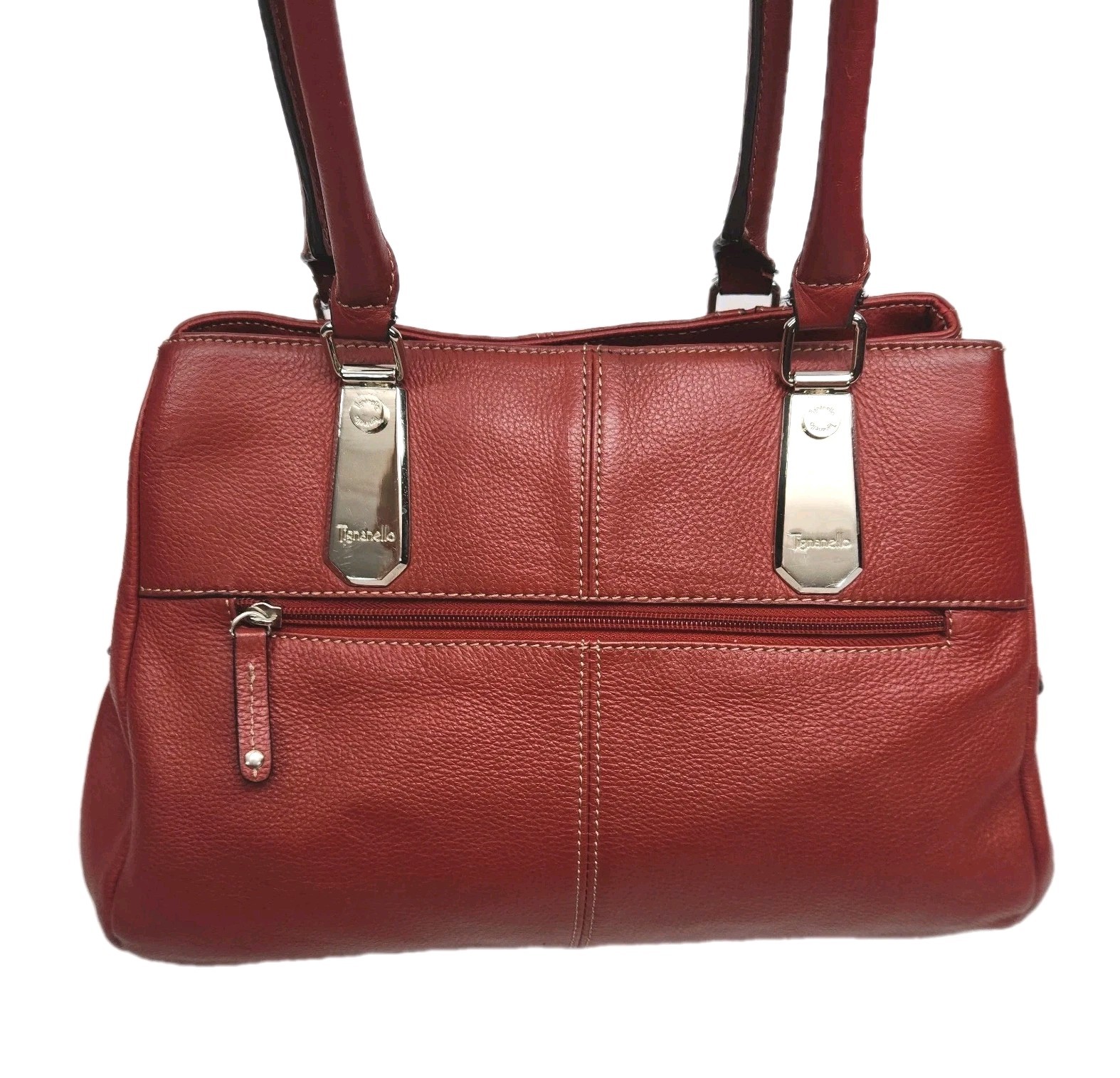 Tignanello Purse Red Leather Handbag Double Handle Bottom Stud Organizer Pockets