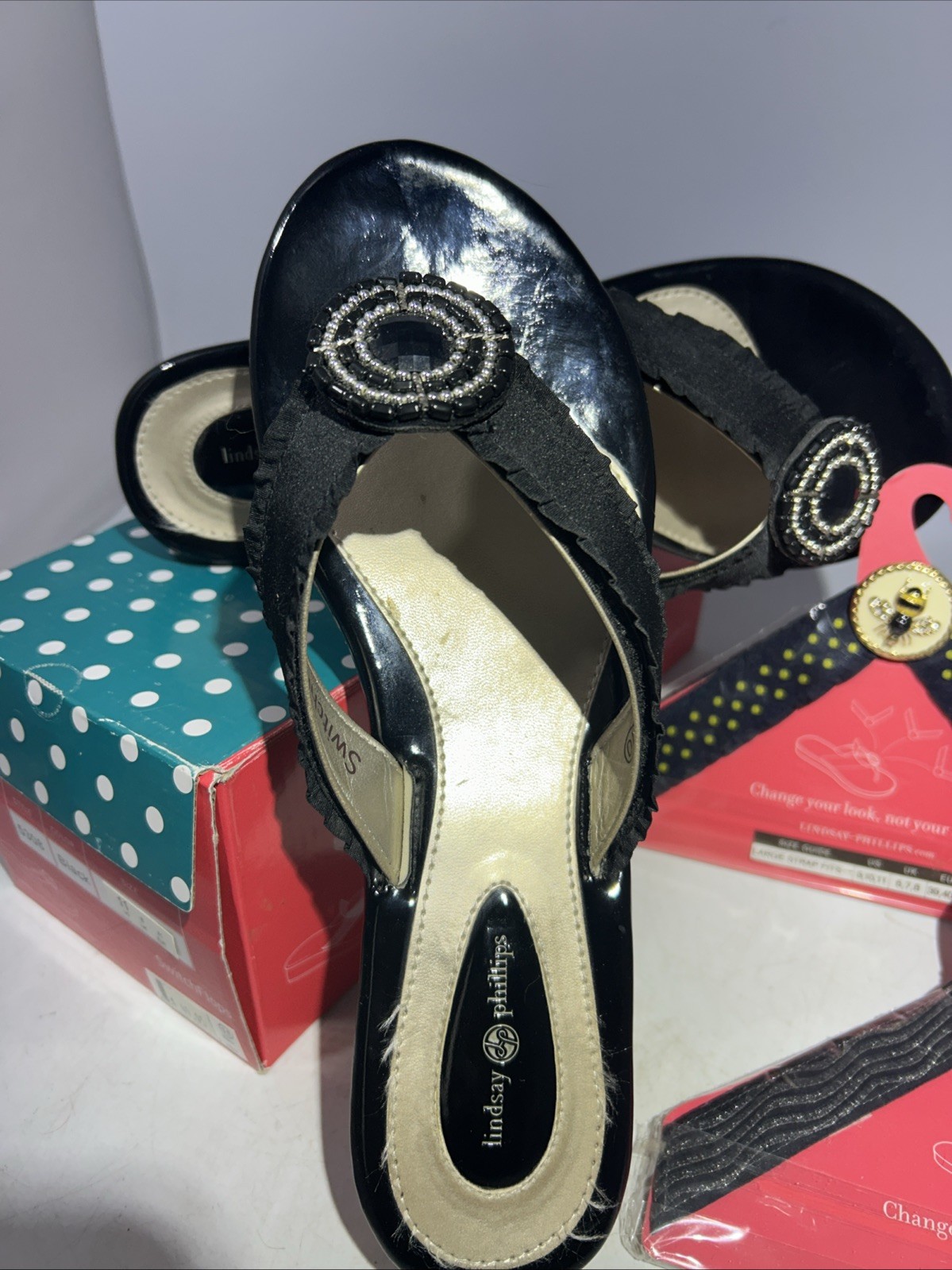 Lindsay Phillips Black Switchflops Flip Flops with 2 NEW STRAPS Size 10
