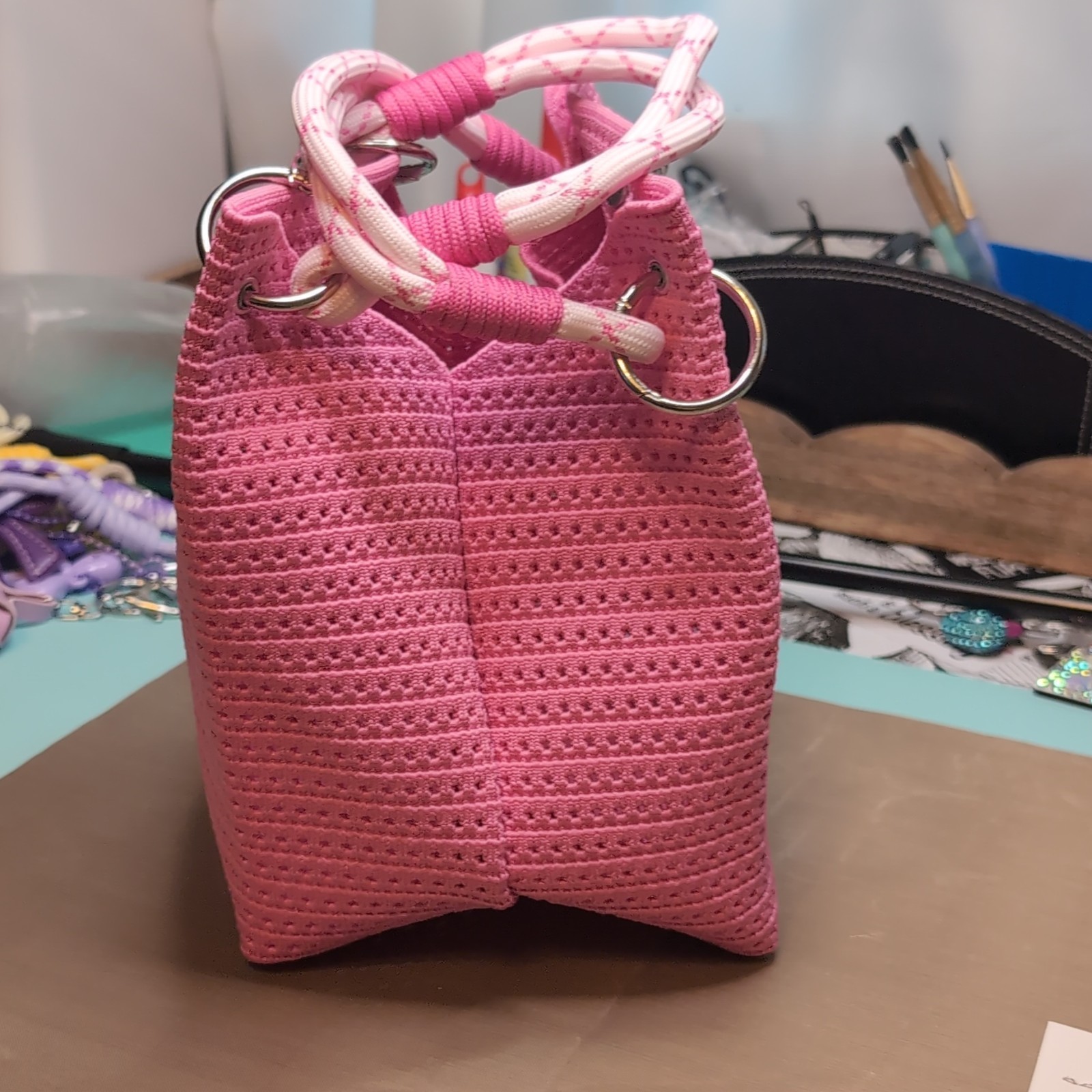 Women’s Pink Satchel Top Handle Bag, Magnetic Closure, Rhinestone Charm