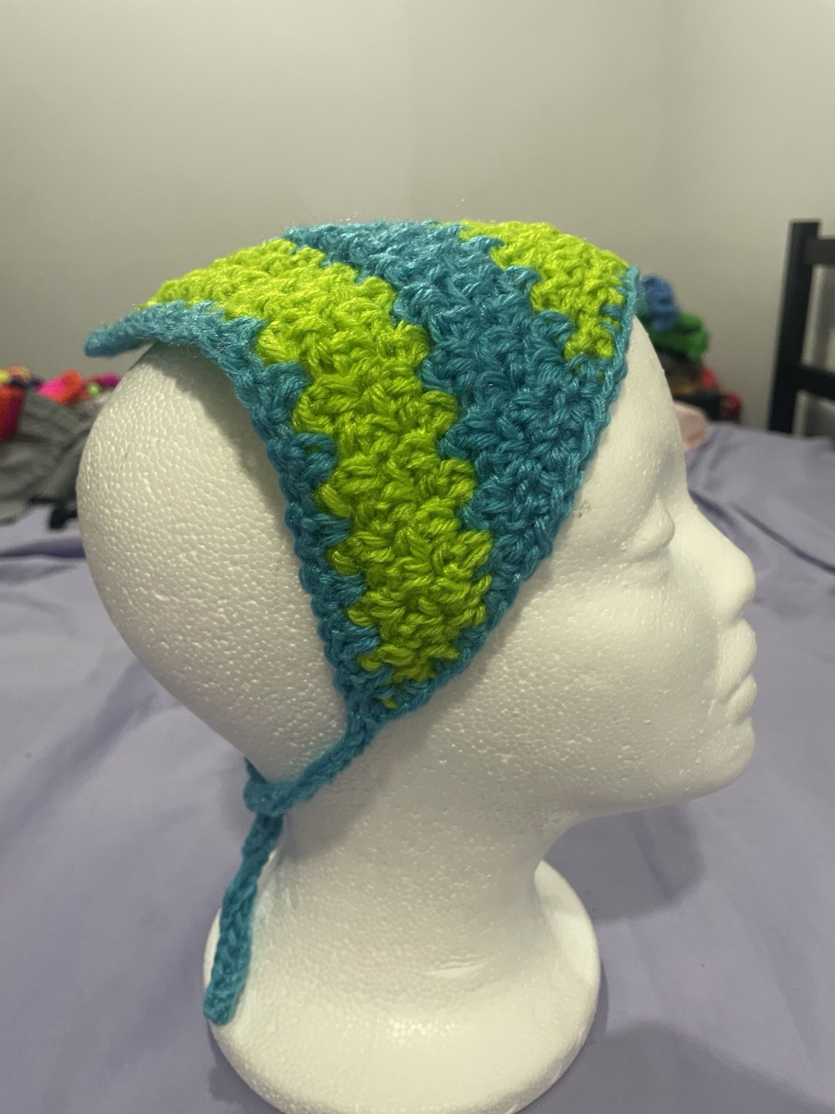 Handmade Crochet Ocean Blue & Sea Green Bonnet Scarf Hat w/ Ties