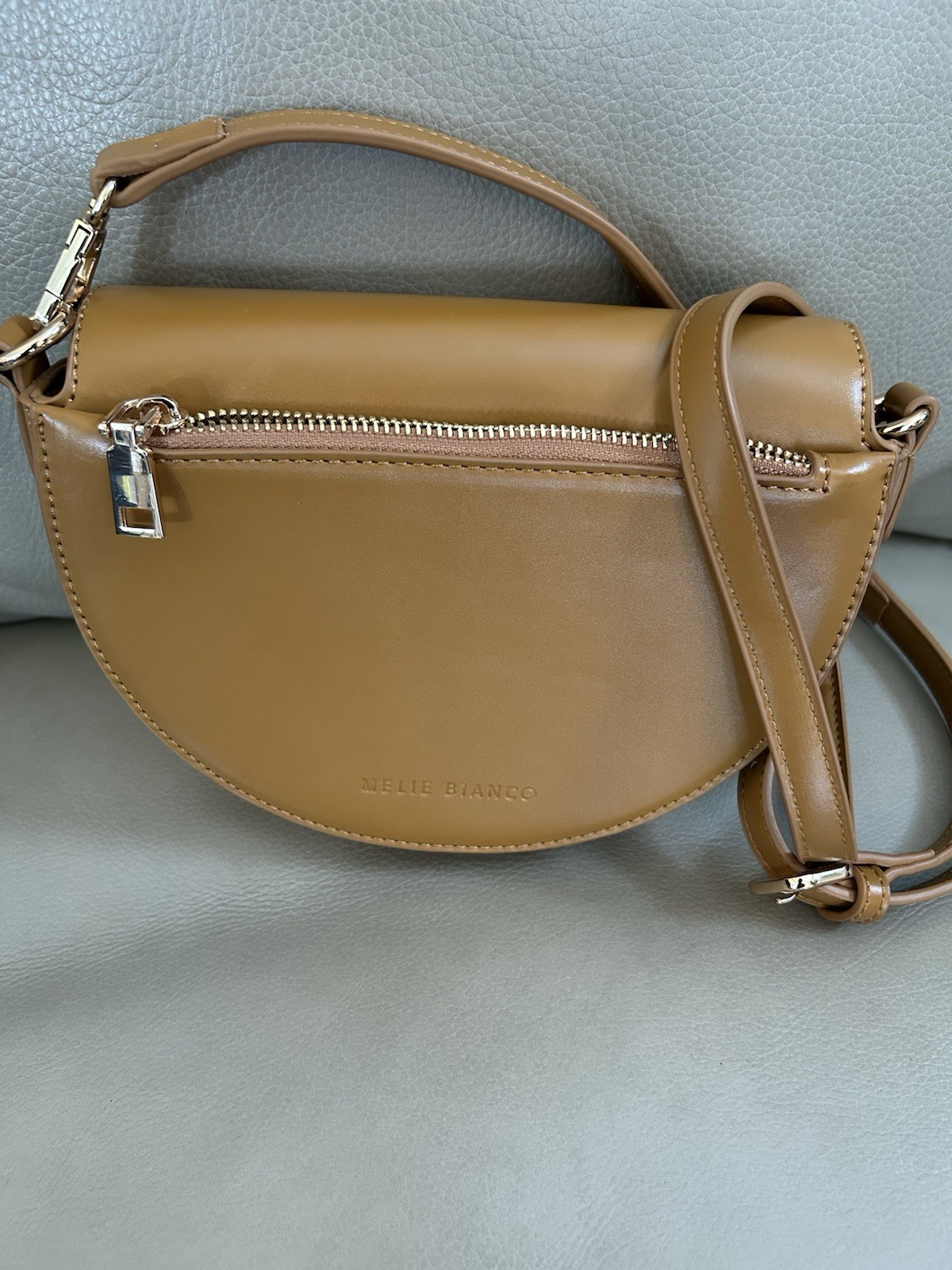 Melie Bianco Brown Half Moon Crossbody Bag, Adjustable Strap, Chain, Zip