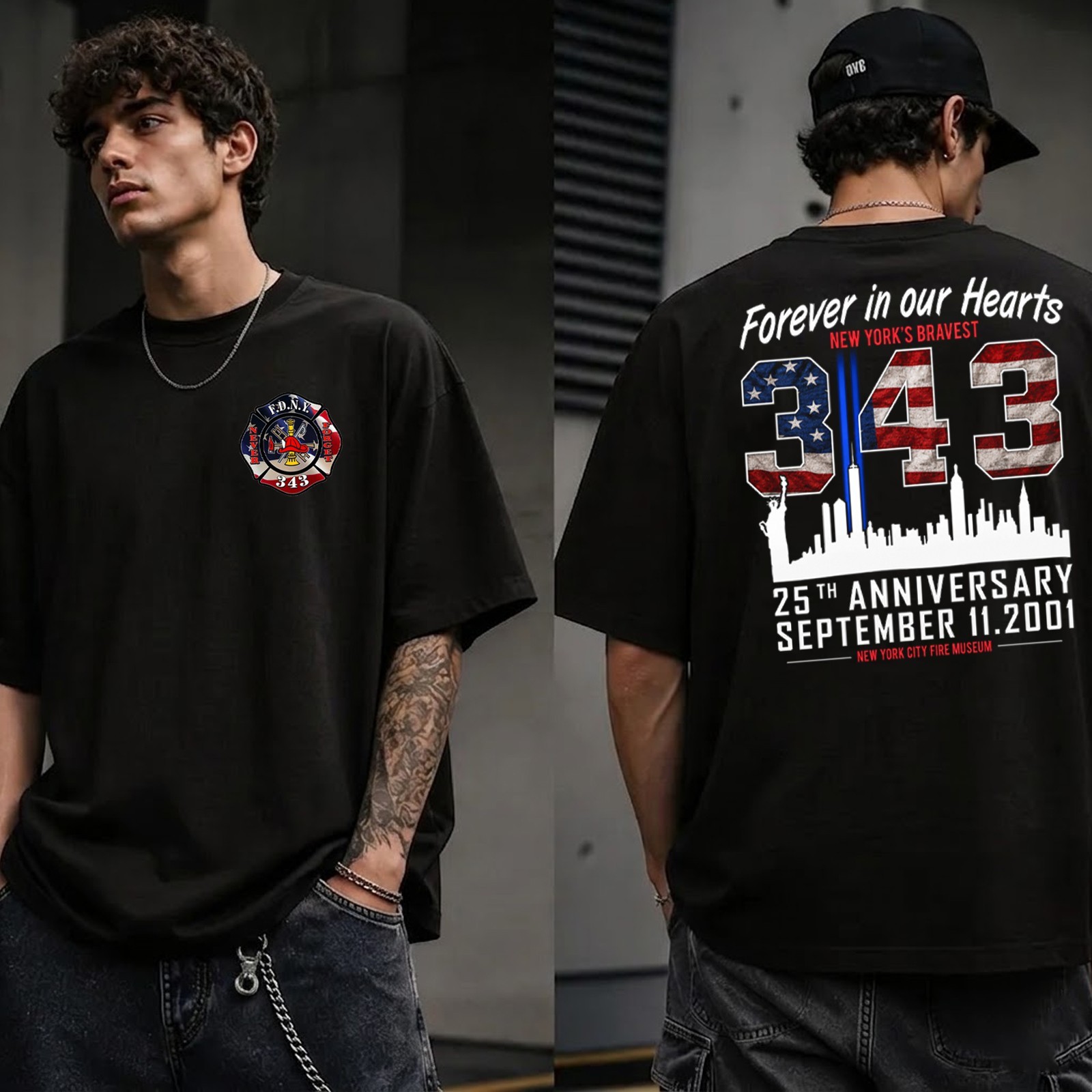 FDNY 25th Anniversary 9/11 Memorial, WE WILL NEVER FORGET 343 Hero Tribute Tee