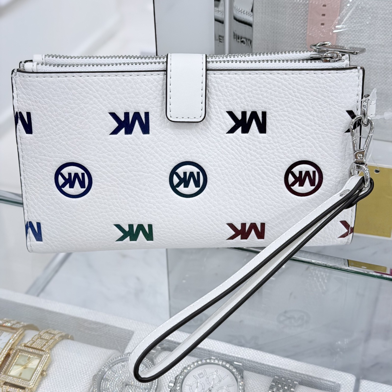 Michael Kors Jet Set Travel Double Zip Wristlet Wallet MK Rainbow Optic White