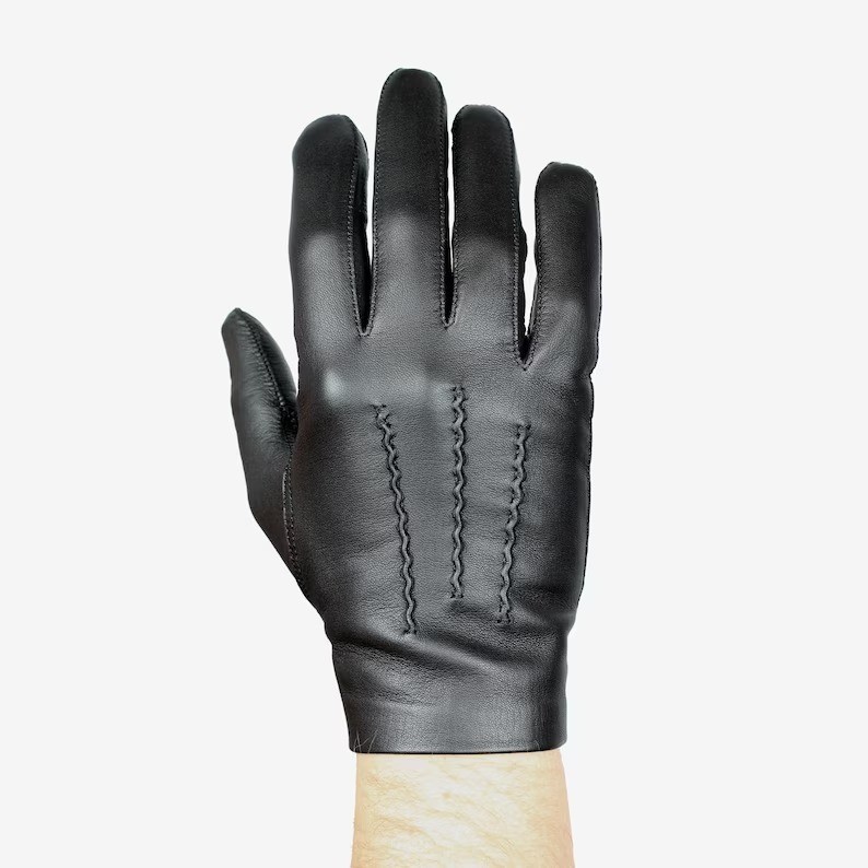 Mens leather gloves without lining – classic gloves with popper wrist fastener,