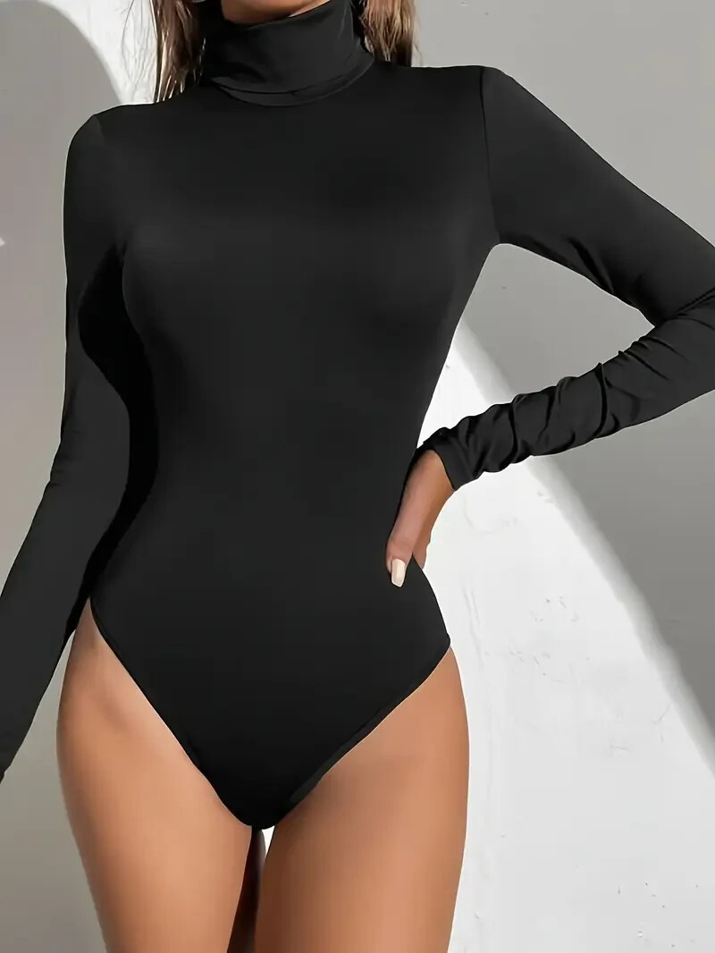 Sophisticated Black Turtleneck Bodysuit, Soft Stretch Fabric, Long Sleeves