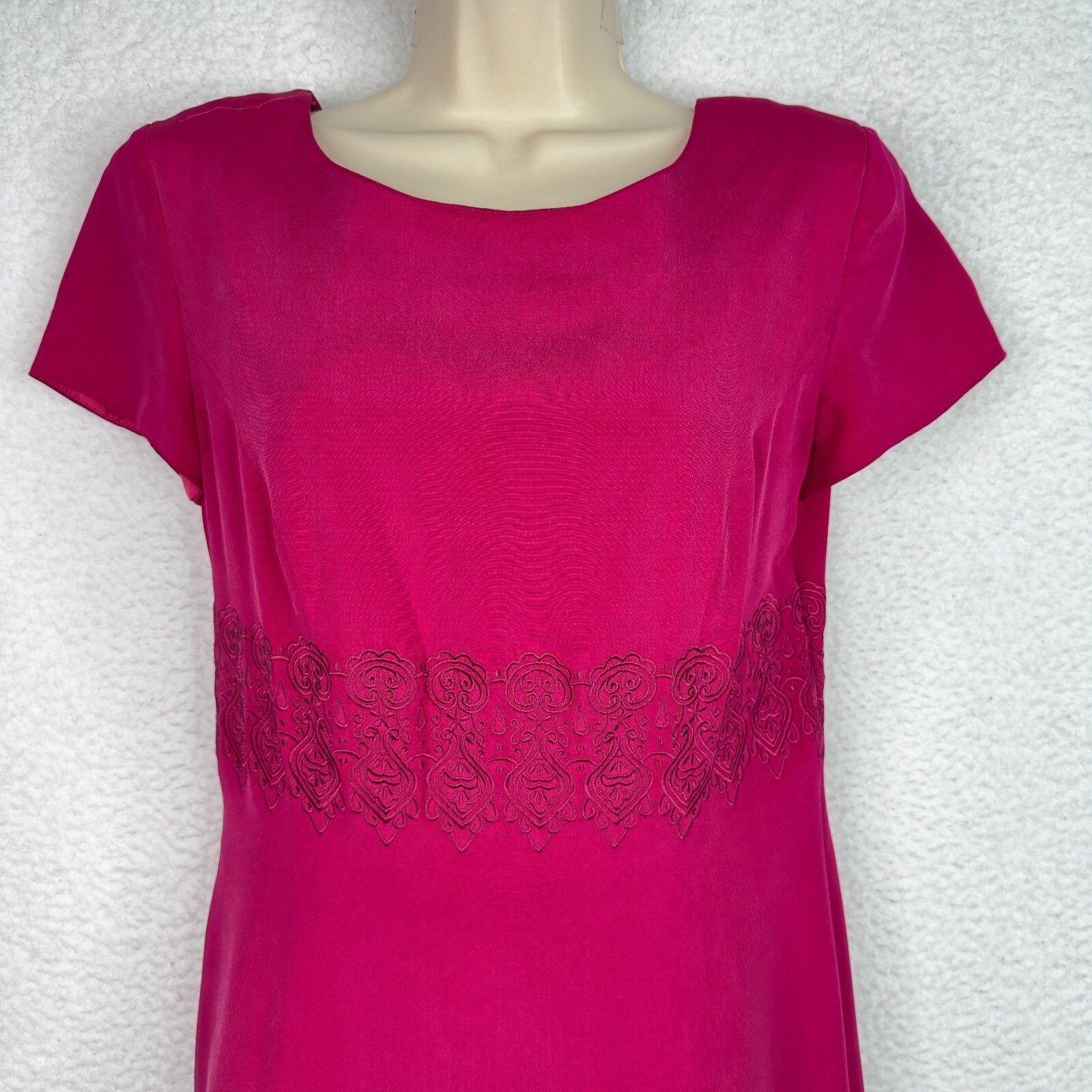 Vintage Talbots Silk Midi Sheath Dress Pink Embroidered Waist Y2K Petite Size 8P