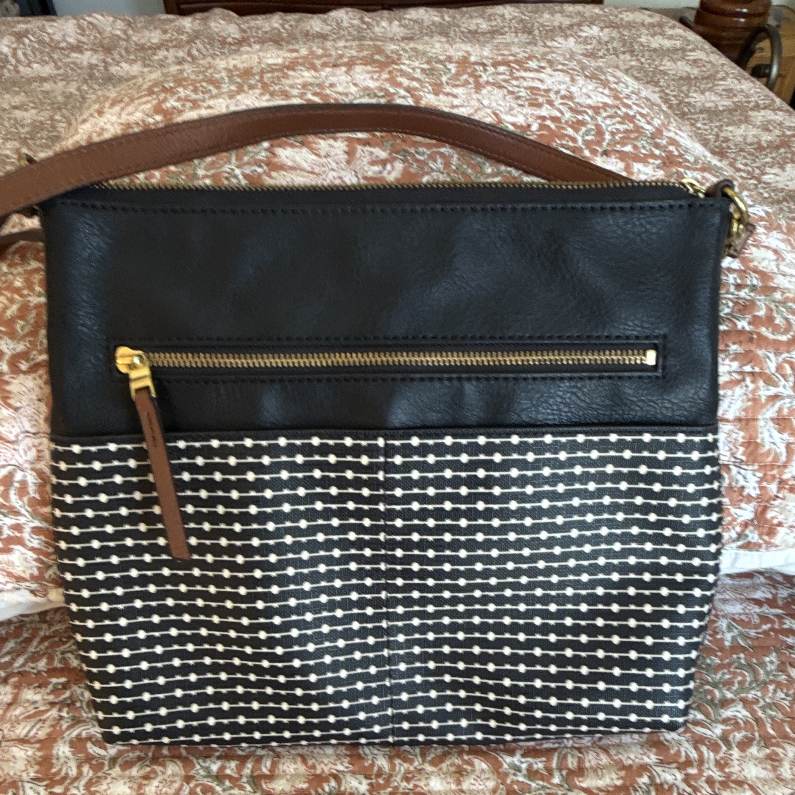 Fossil Black White Geometric Crossbody Bag Zip Closure Brown Strap Gold HW