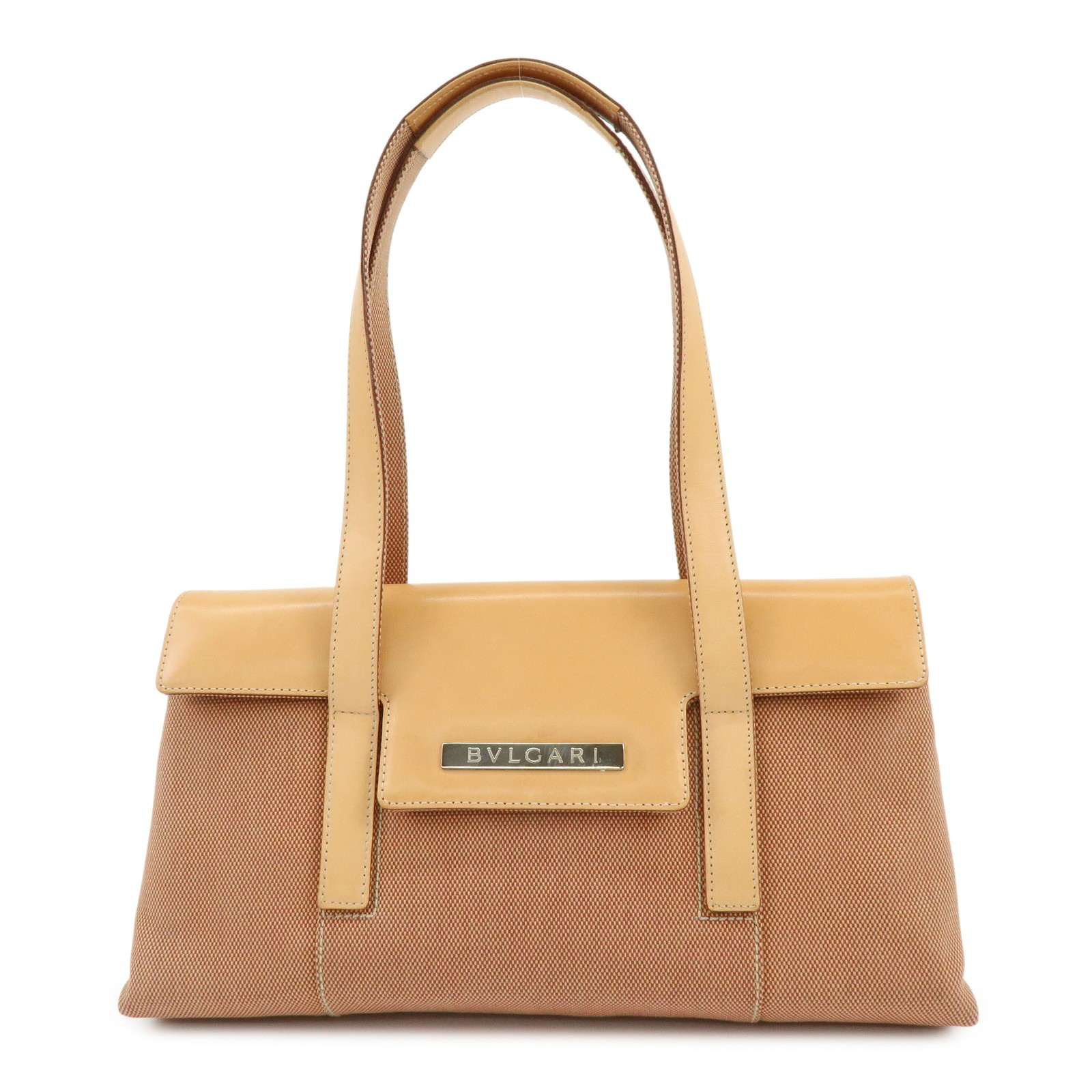 BVLGARI Canvas Leather Flap Shoulder Bag Hand Bag Beige Red Authentic Used F/S