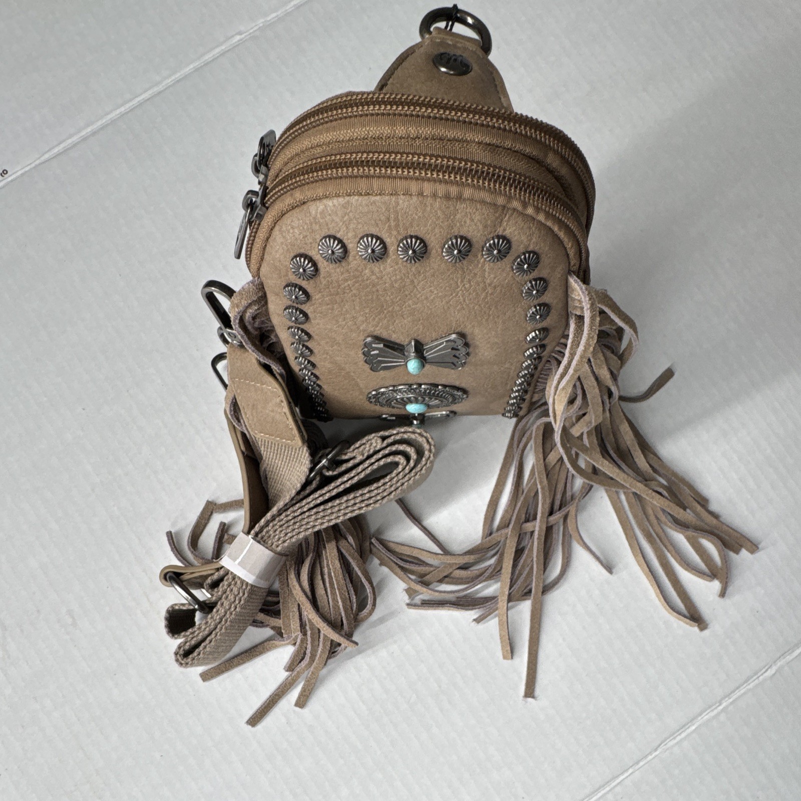 Montana West Khaki Western Fringe Studded Crossbody Bag Zip Detachable Strap