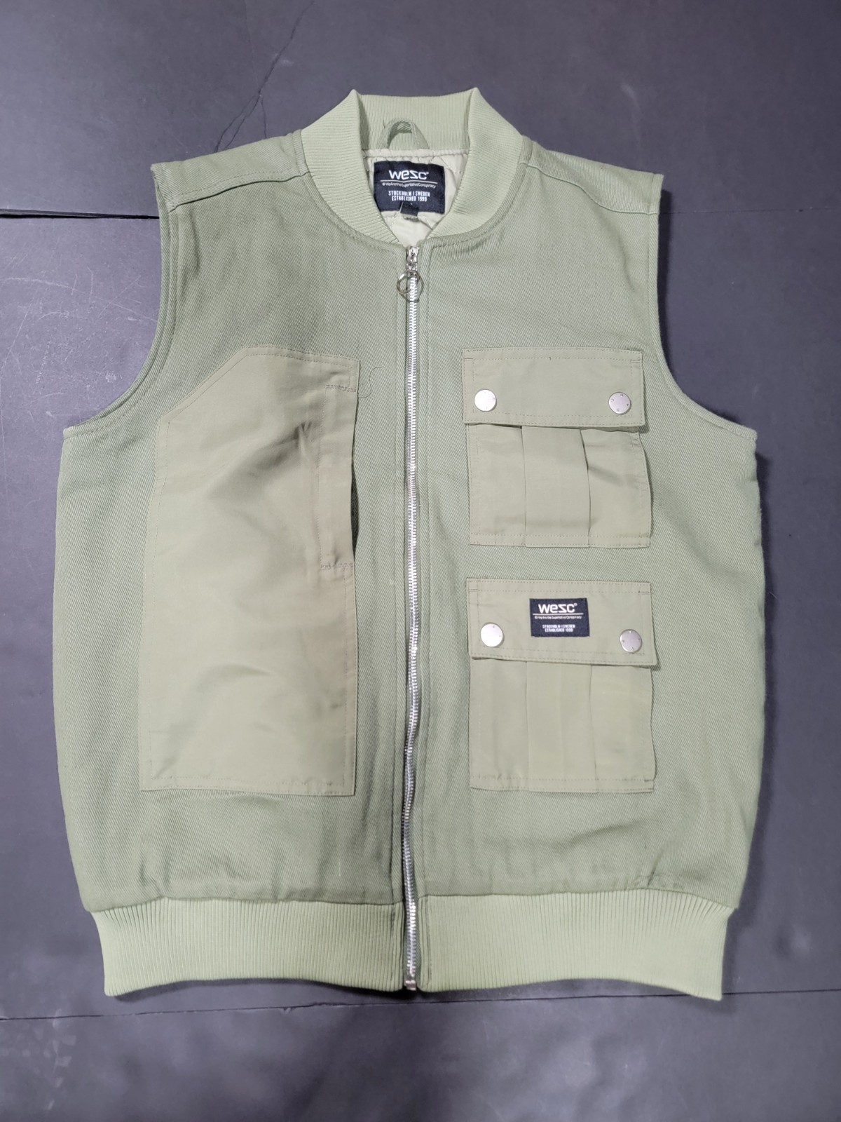 Wesc Cargo Padded Utility Vest Zip Up Olive Green Mens Sz L Womens M