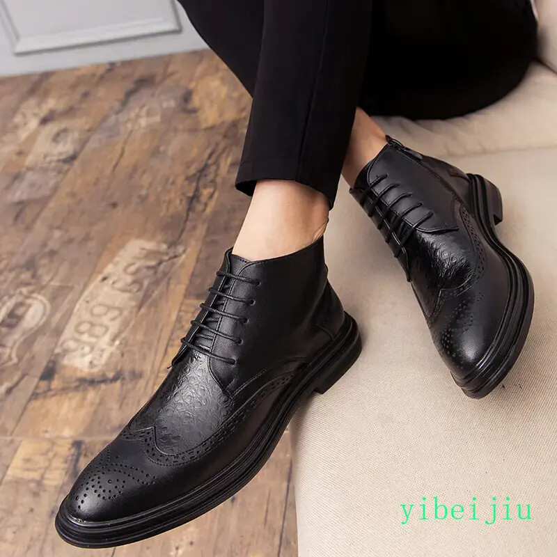 Mens Carved Brogue Shoes Business Alligator Pattern Ankle Boots Dress Lace Up
