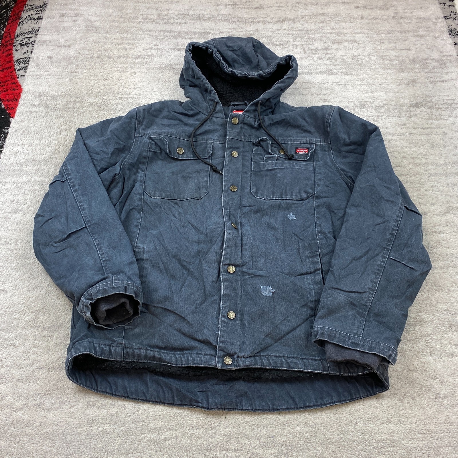 VTG Wrangler Canvas Lined Hoodie Jacket Medium Blue Quilted Full Zip Y2K Alt Men