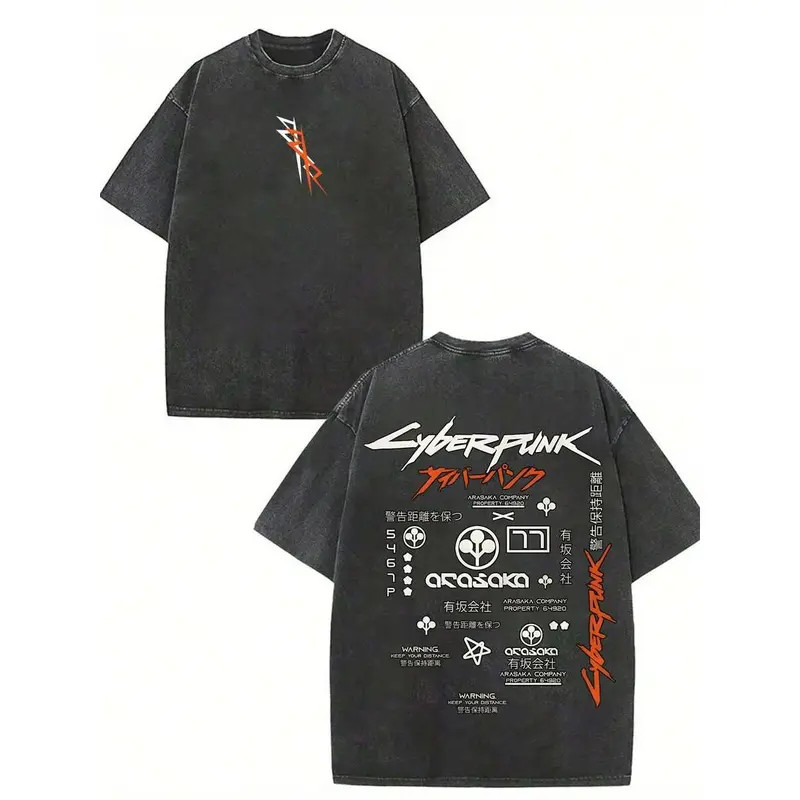 Cyberpunk Arasaka Arrow Logo Kanji Warning Dual Print Retro Graphic T-Shirt