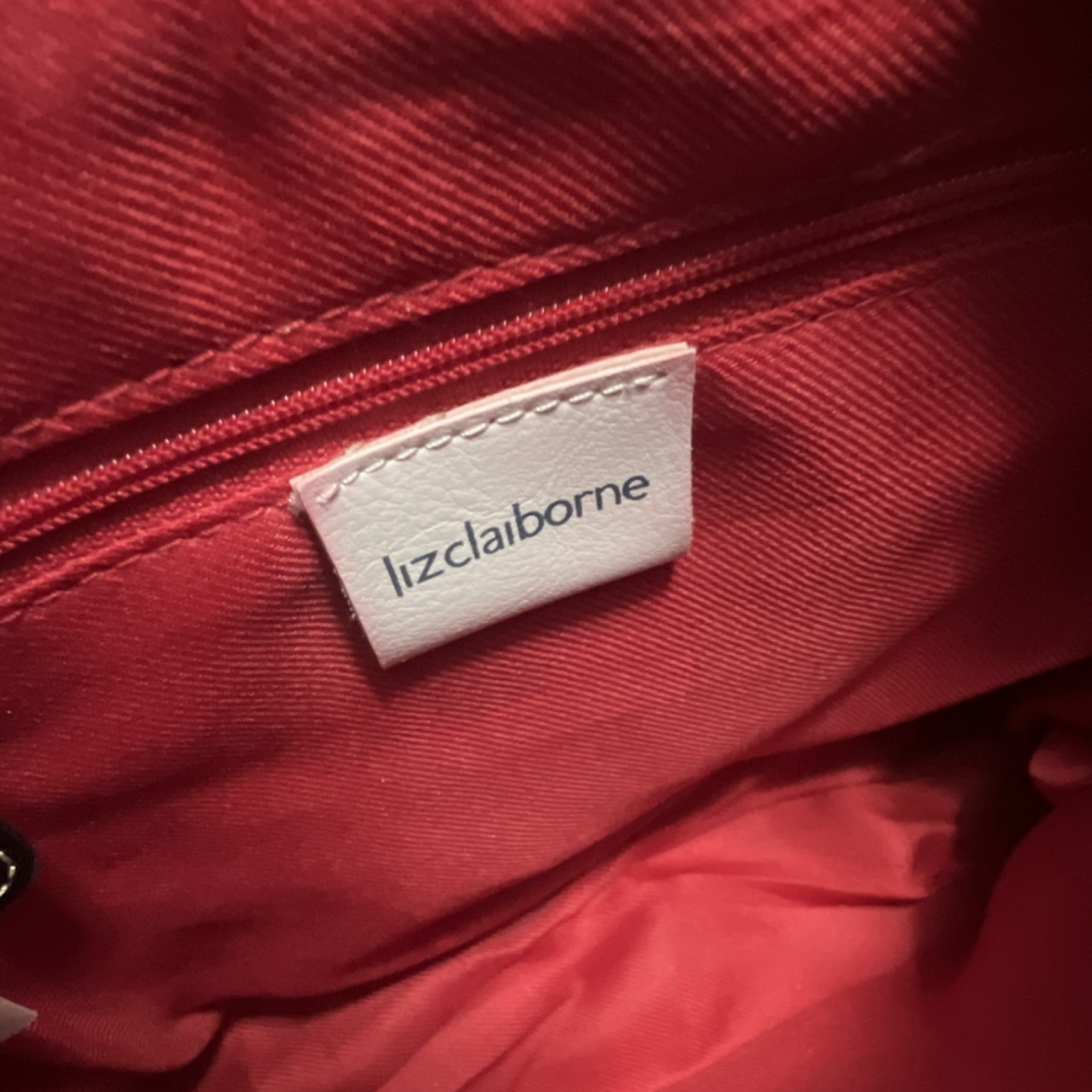 Liz Claiborne Black Shoulder Bag Contrast Stitching Logo Plate Red Lining Women