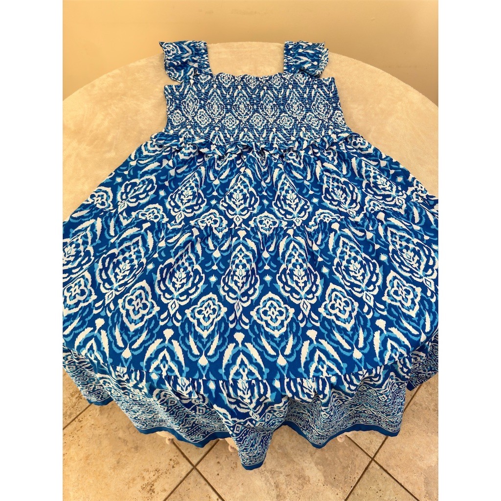 MIXIT Maxi Dress Womens 2XL Blue & White Ikat Smocked Flutter Sleeve NEW!