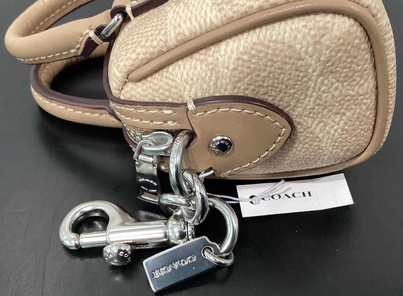 Coach Mini Rowan Bag Charm CX068 Sand Signature Canvas Leather 3.75″x2.5″x2.25″