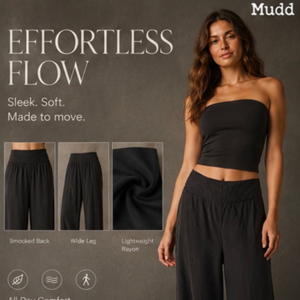 Mudd Effortless Flow Black Lightweight Rayon Wide-Leg Smocked Waist Lounge Pants