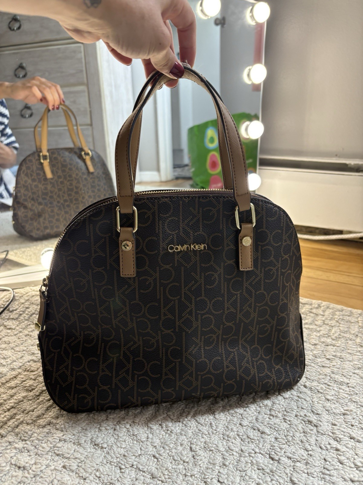 Calvin Klein CK Monogram Zip Satchel Top Handle Brown/Beige