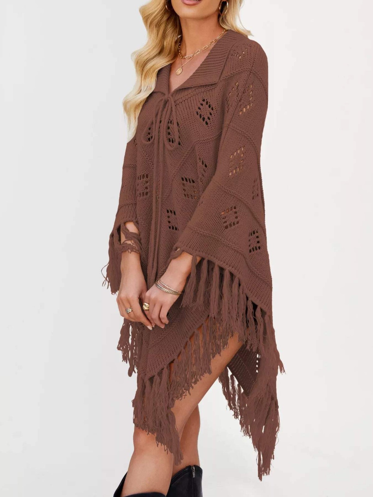 Women’s Fringe Tassel Tie Openwork Knit Boho Beach Cover Up Multi Colors S-XL