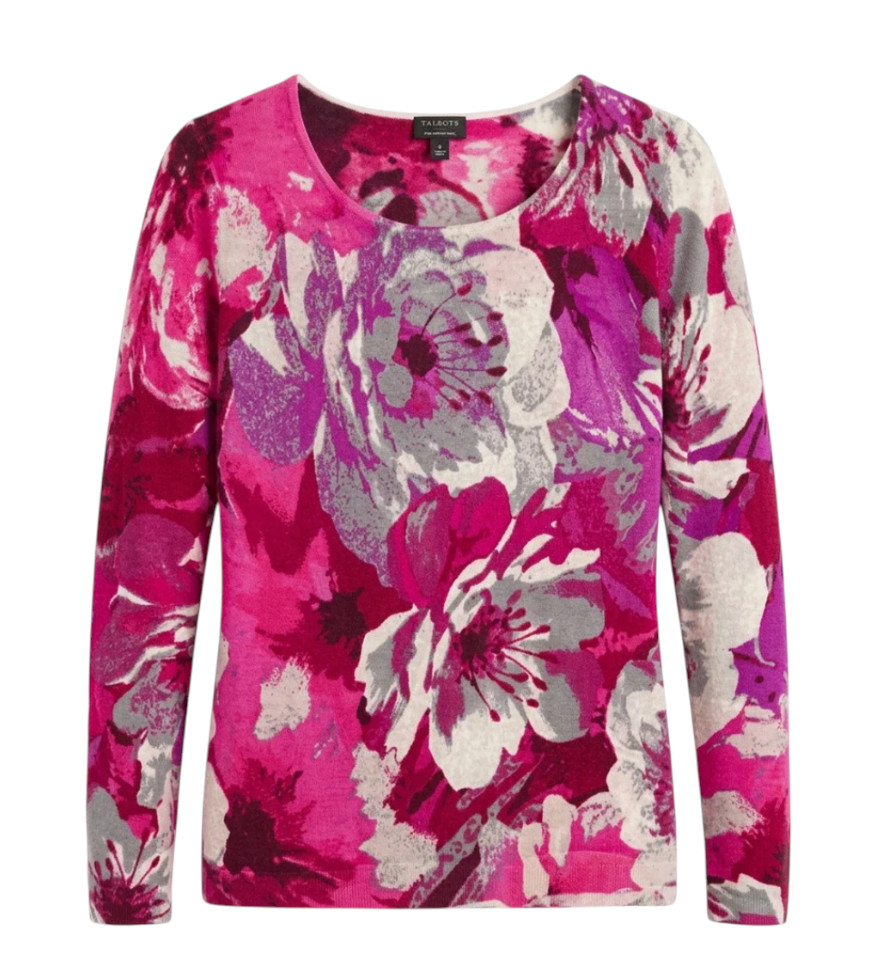 TALBOTS Pure Merino Wool Sweater ABSTRACT FLORAL Pink Purple Gray Beige SIZE M