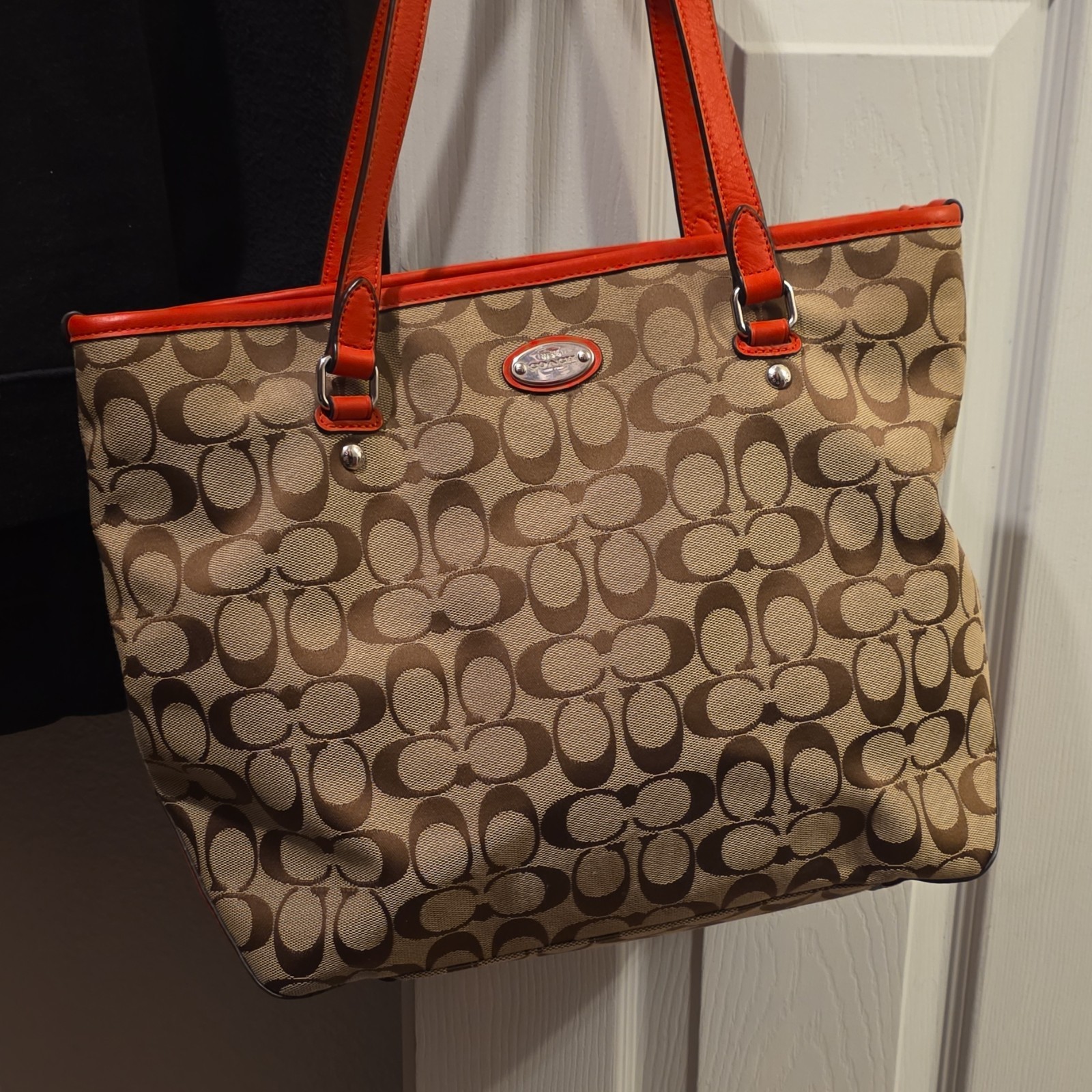 Coach Signature Logo Tote Bag Beige/Brown Orange Trim Zip Top