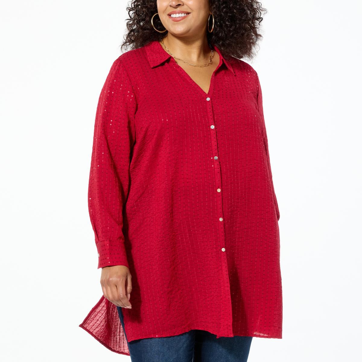 Colleen Lopez Collection Button-Front Sequin Tunic Petites Shirt Red Rose XS New