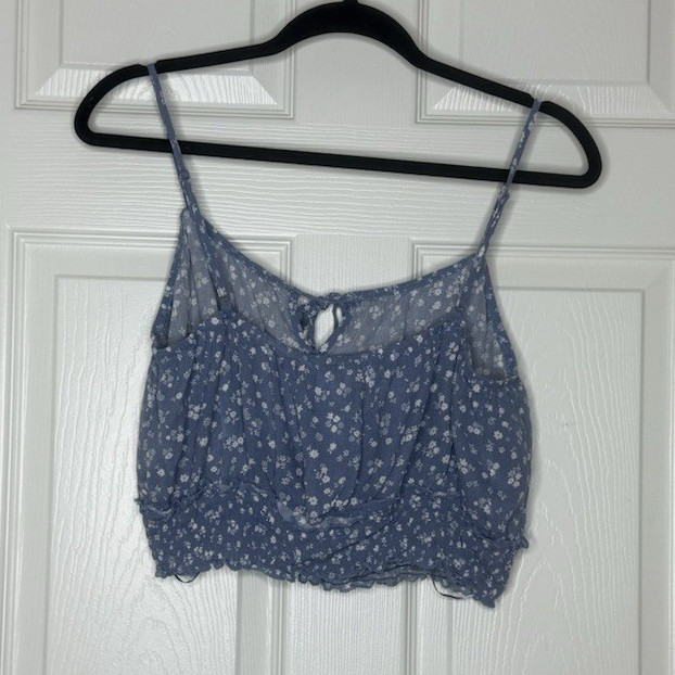 Hippie Rose Blue/White Floral Smocked Spaghetti Strap V-Neck Cropped Tank XL