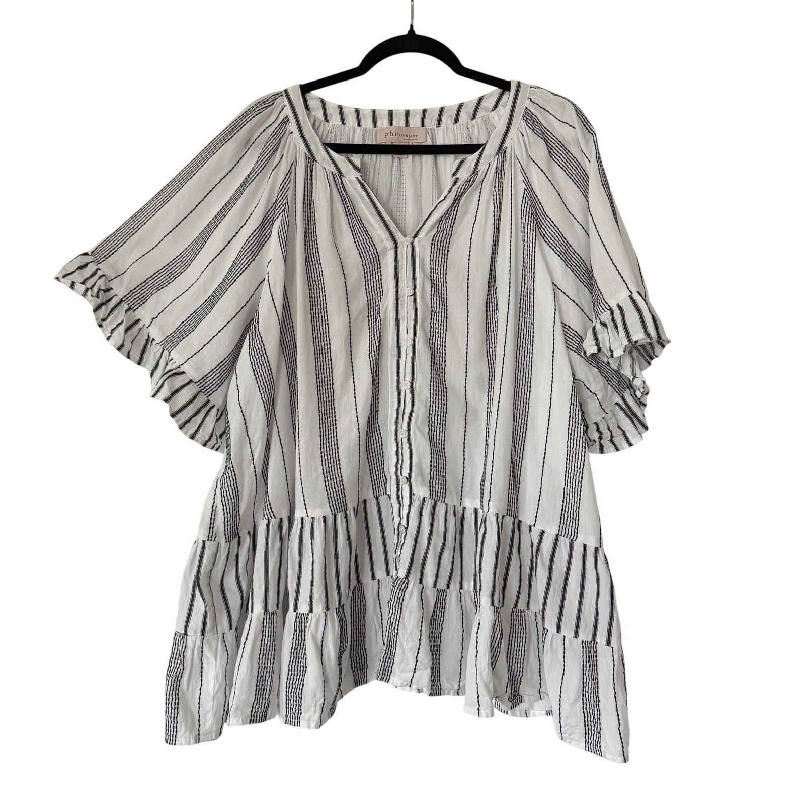 Philosophy Cotton Womens 3X White Black Tiered Ruffle Blouse Vacation Coastal